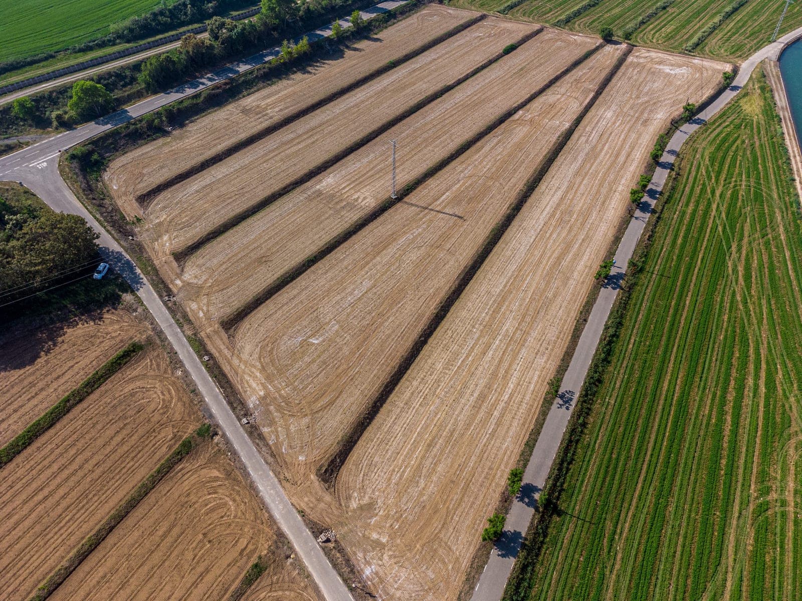 Aerial view of rectangular farm plots beside a road